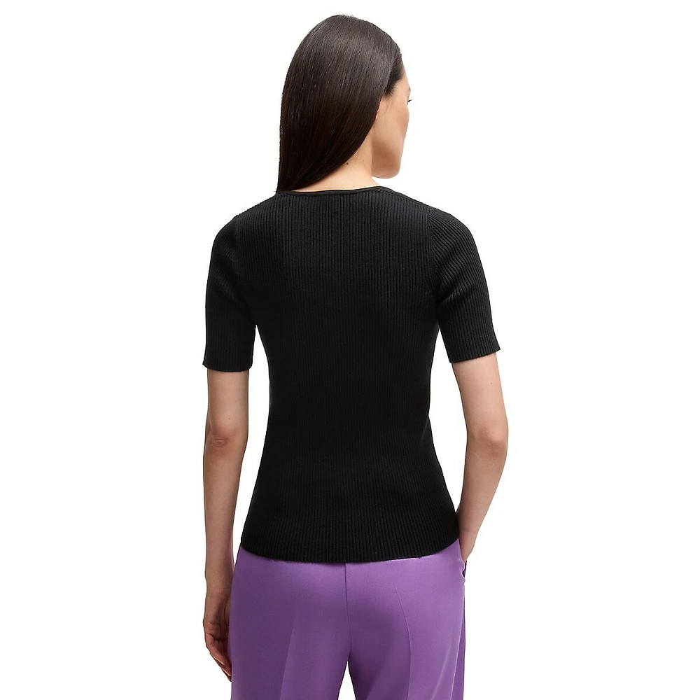 Squareneck Short-Sleeve Ribbed Stretch Sweater