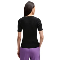 Squareneck Short-Sleeve Ribbed Stretch Sweater