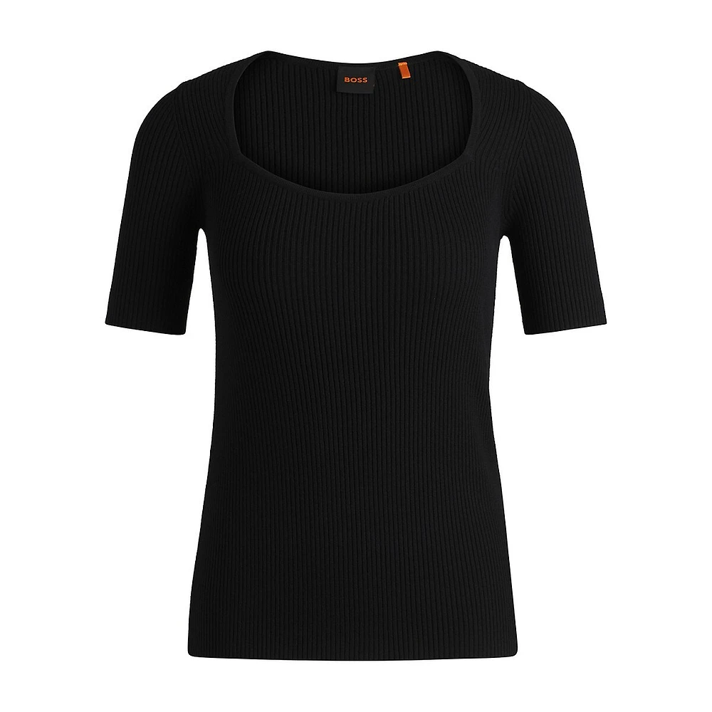 Squareneck Short-Sleeve Ribbed Stretch Sweater