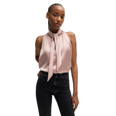 Tie-Neck Sleeveless Satin Blouse