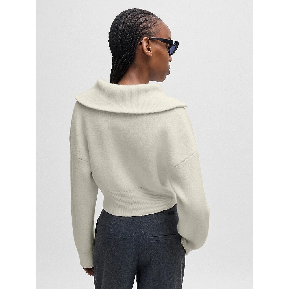 Quarter-Zip Wide-Collar Ribbed Cropped Sweater