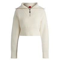 Quarter-Zip Wide-Collar Ribbed Cropped Sweater