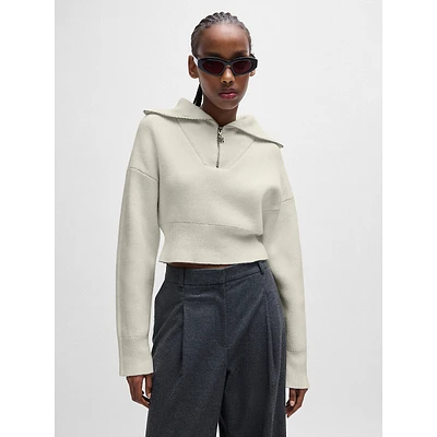 Quarter-Zip Wide-Collar Ribbed Cropped Sweater