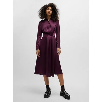 Satin Drape-Front Fit-&-Flare Midi Dress