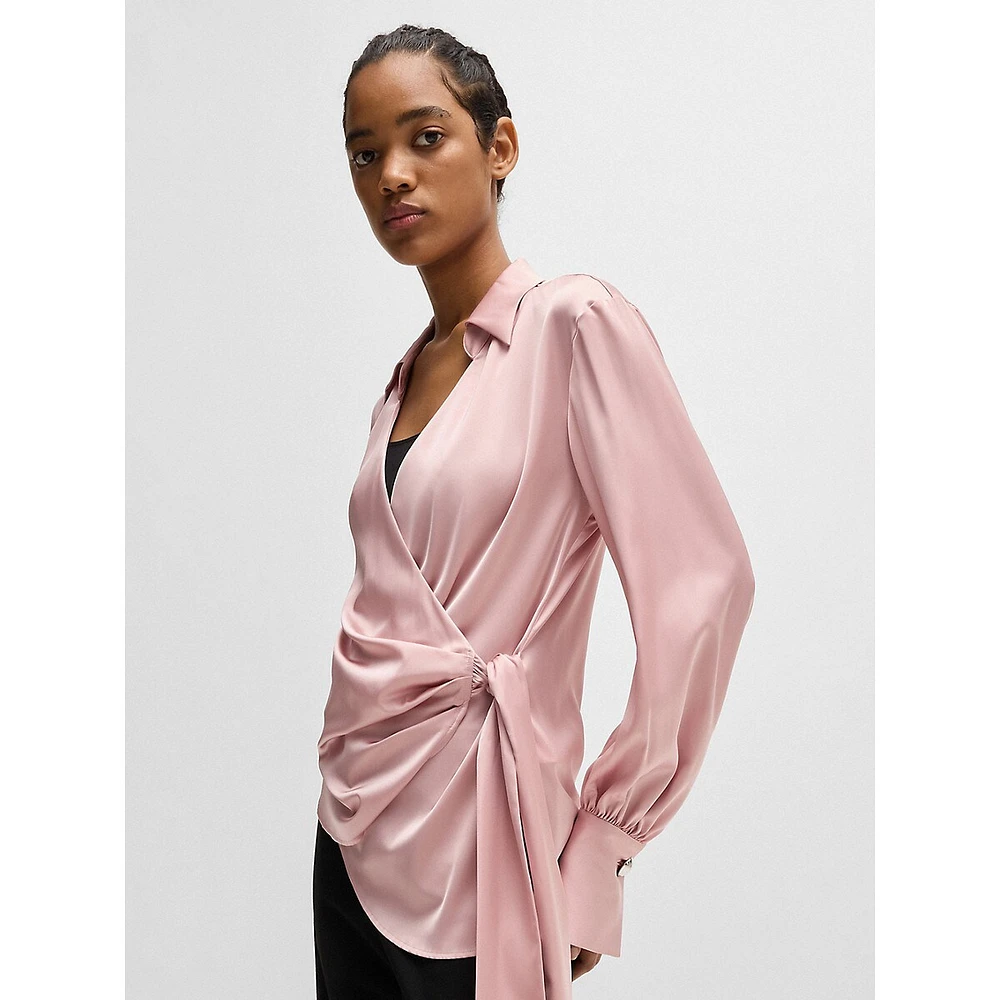 Slim-Fit Wrap-Front Satin Blouse