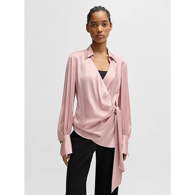 Slim-Fit Wrap-Front Satin Blouse