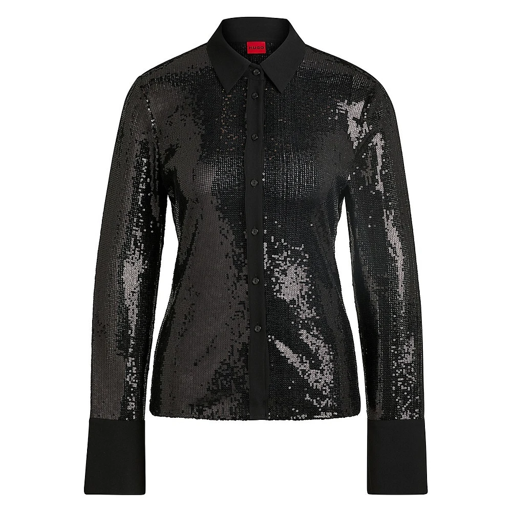 Slim-Fit Sequined Mesh Shirt