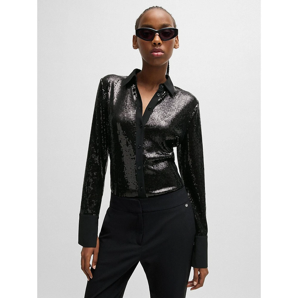 Slim-Fit Sequined Mesh Shirt