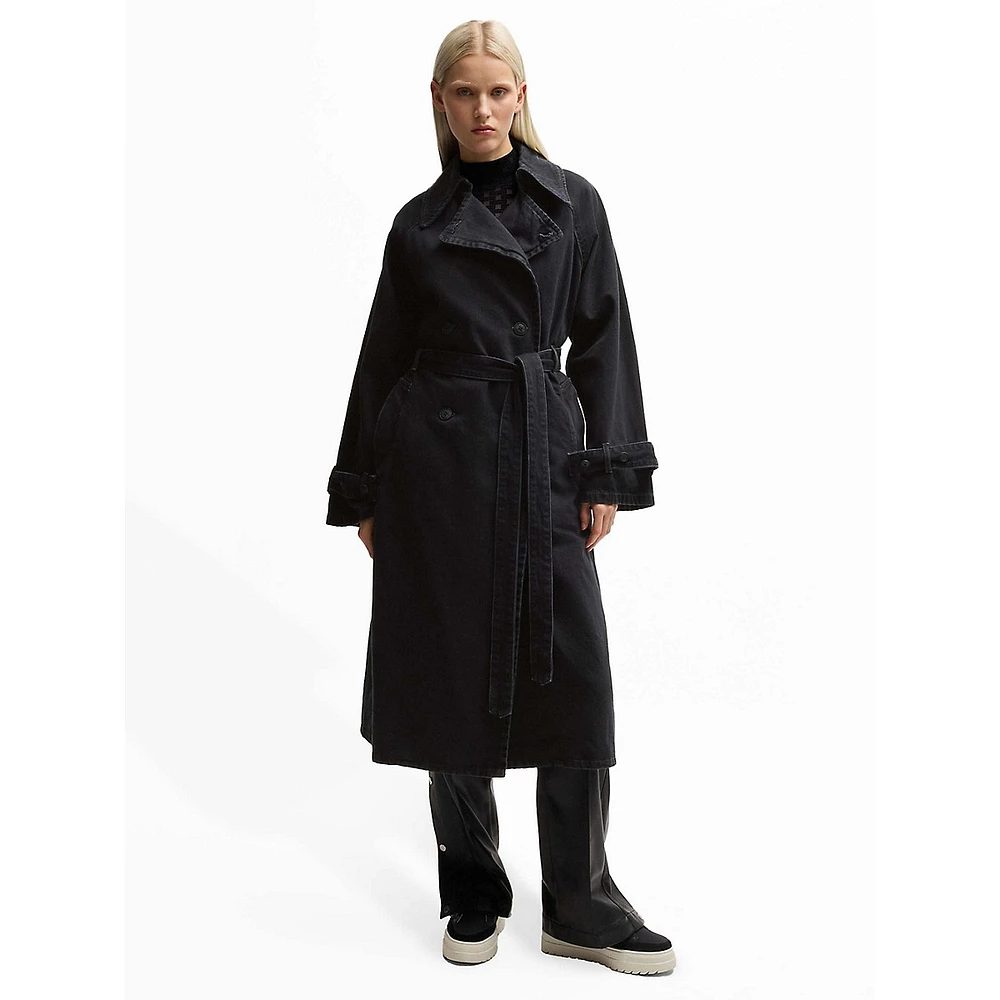 Stretch-Cotton Denim Painted-Motif Trench Coat