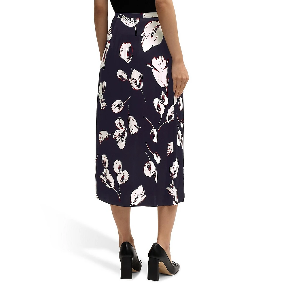 Viesha Tulip-Print Satin Slit Midi Skirt