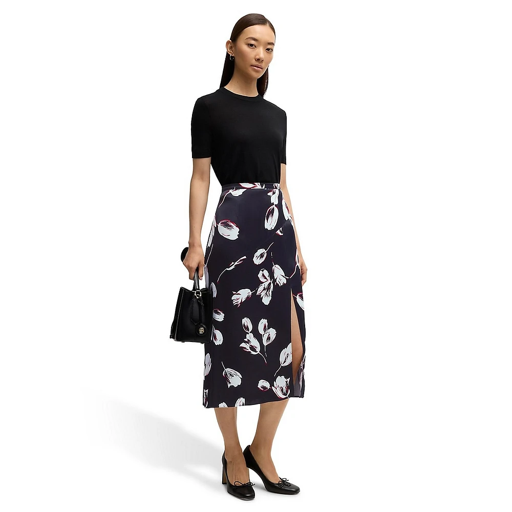 Viesha Tulip-Print Satin Slit Midi Skirt