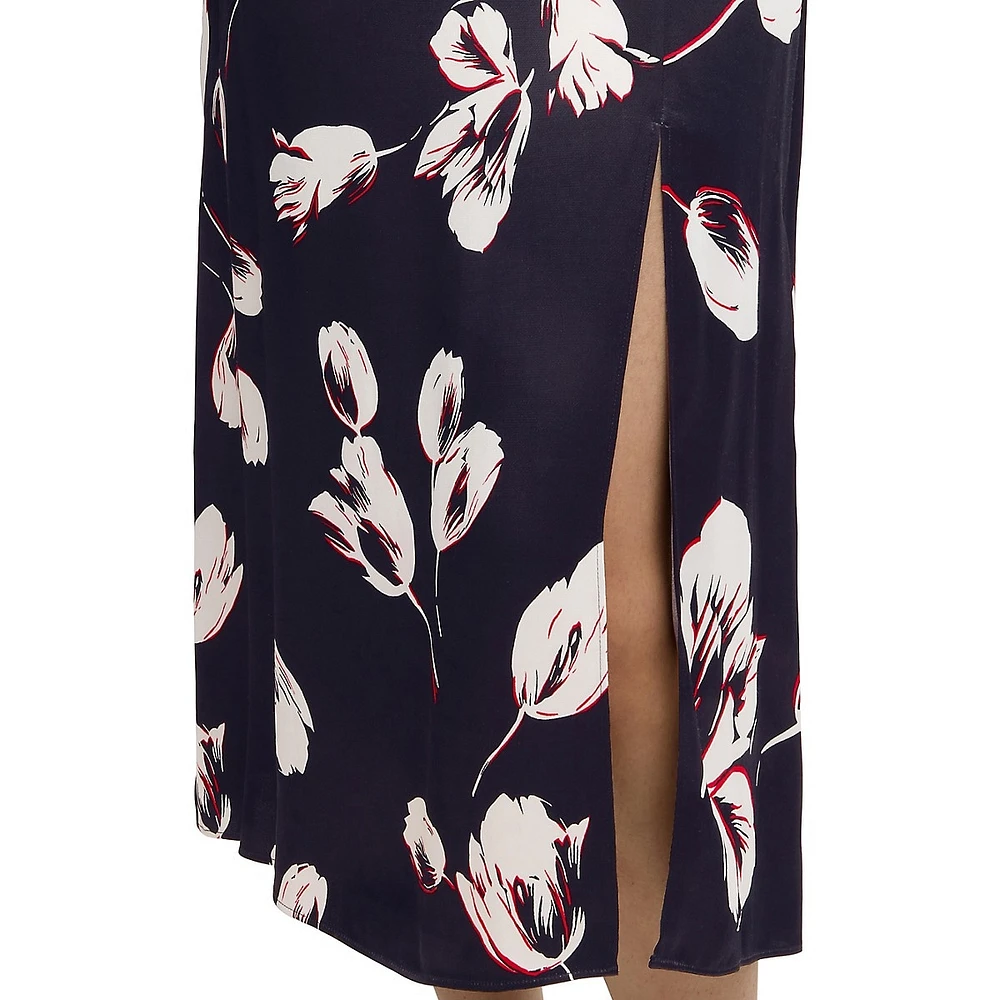 Viesha Tulip-Print Satin Slit Midi Skirt