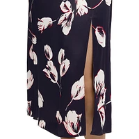 Viesha Tulip-Print Satin Slit Midi Skirt