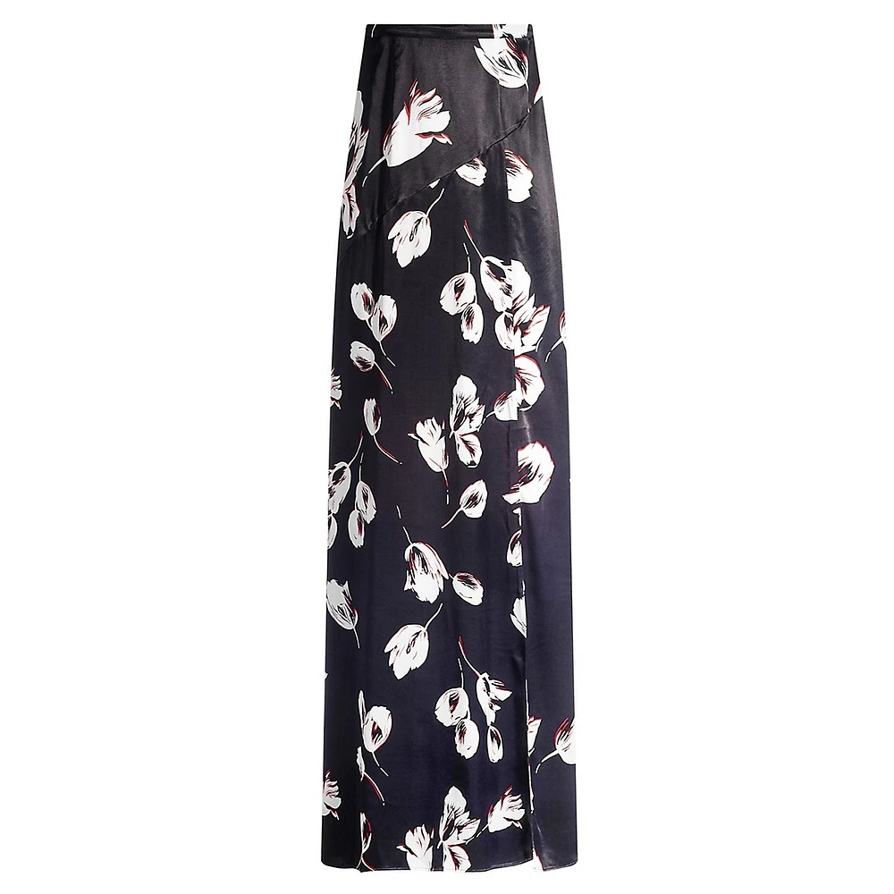 Viesha Tulip-Print Satin Slit Midi Skirt