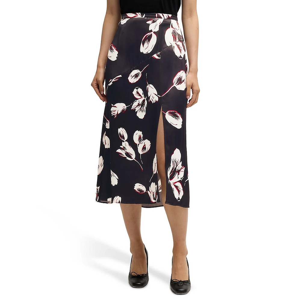 Viesha Tulip-Print Satin Slit Midi Skirt