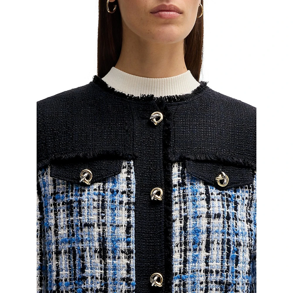 Josola Contrast Panels & Knot Button Tweed Jacket