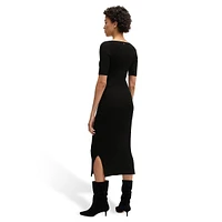 Stretch Rib-Knit V-Neck Midi Dress