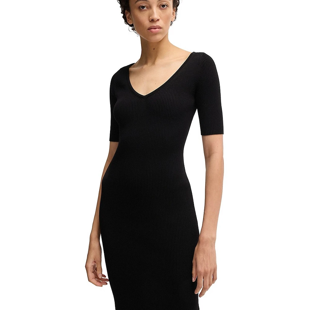 Stretch Rib-Knit V-Neck Midi Dress