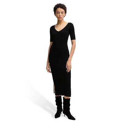 Stretch Rib-Knit V-Neck Midi Dress