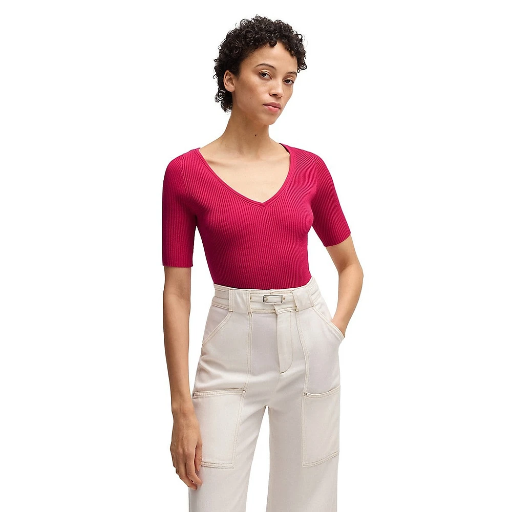 Slim-Fit Rib-Knit V-Neck Top