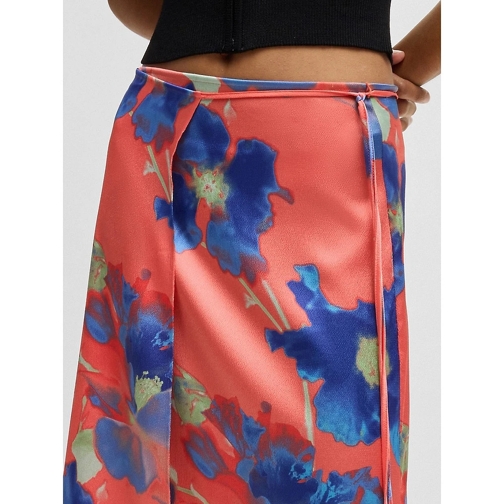 Tied Floral-Print Midi Wrap Skirt