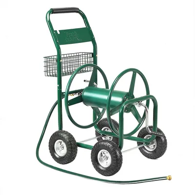 Costway Garden Rolling Cart Heavy Duty With Steel Water Hose Holder With Basket Green