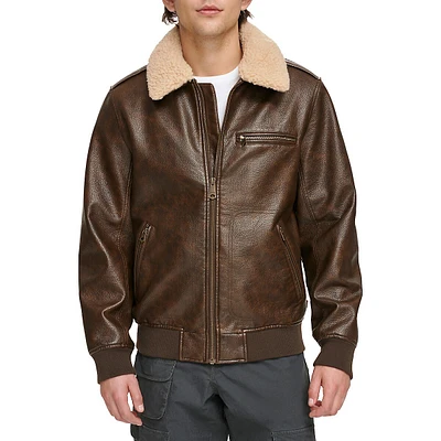 Fleece-Collar Faux Leather Bomber Jacket
