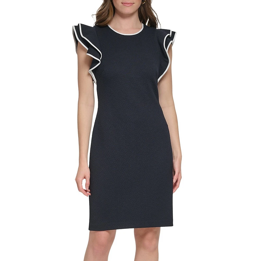 Flutter-Sleeve Jacquard Knit Sheath Dress