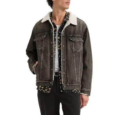 Relaxed-Fit Faux Shearling-Lined Denim Trucker Jacket