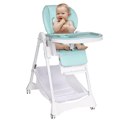 Foldable Adjustable Height Easy Clean Baby High Chair With Wheels And Large Basket