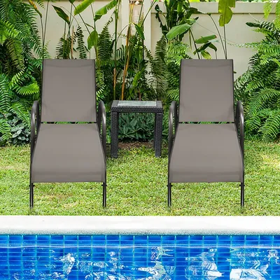 Costway 2 Pcs Patio Lounge Chair Chaise Adjustable Reclining Armrest Brown