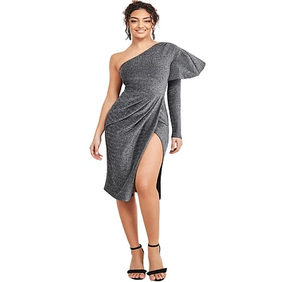 One Sleeve Frill Lurex Midi Dress