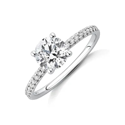 1.14 Carat Tw Of Diamonds Engagement Ring With A 1 Carat Round Centre Laboratory-grown Diamond And Shouldered By 0.14 Carat Tw Of Natural Diamonds In 14kt White Gold