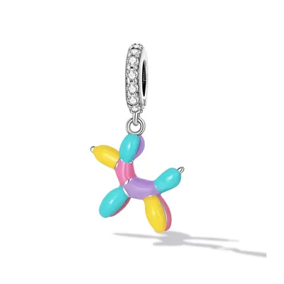 Sterling Silver Multi Colored Balloon Dog Cz Dangling Charm