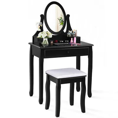 Bathroom Wooden Mirrored Makeup Vanity Set Stool Table Set Black