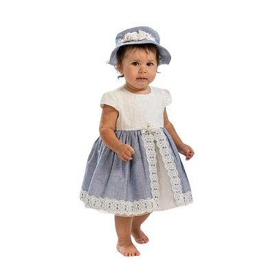 Juniorkids Cotton Lace Trim Cap Sleeves Dress With Matching Hat