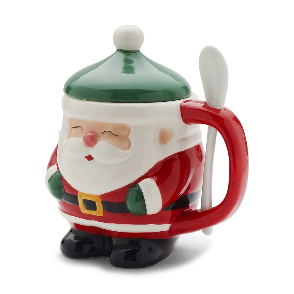 3-Piece Holiday Figural Covered Santa Mug and Spoon Set