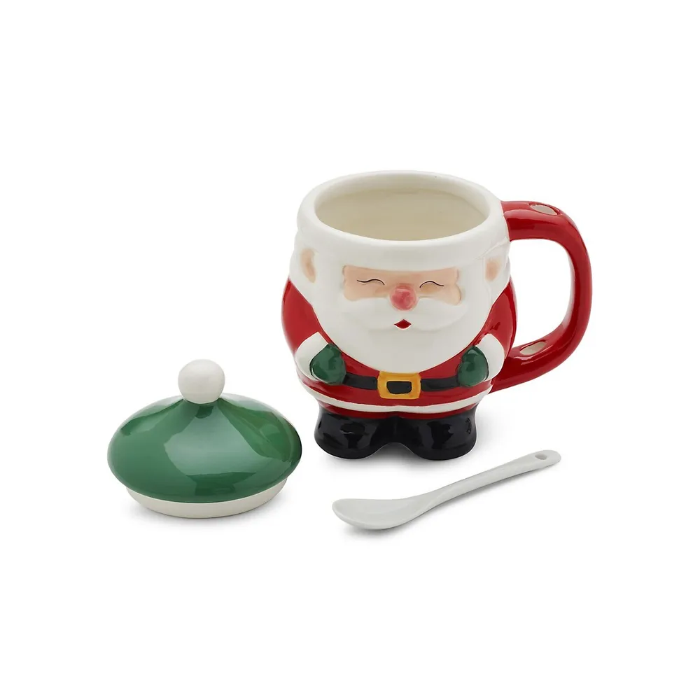 3-Piece Holiday Figural Covered Santa Mug and Spoon Set