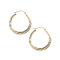 14K Yellow And White Gold Etched Hoop Earrings