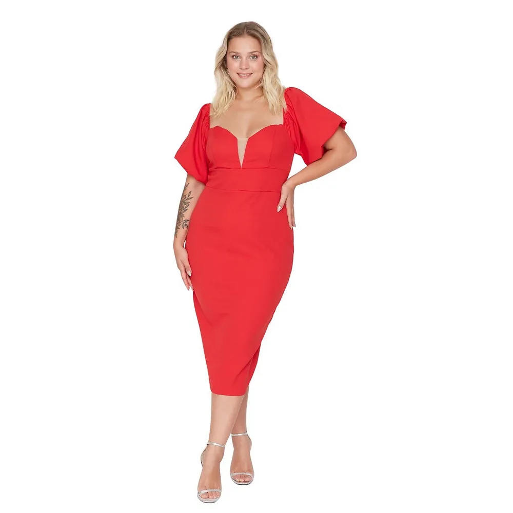 Trendyol Curve Women Plus Size Midi Bodycone Fitted Woven Plus Size Dress