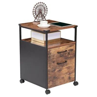 Wood Mobile Office File Cabinet Filling Cabinet With Open Storage Shelf And 2 Drawers Printer Stand, Rustic Brown