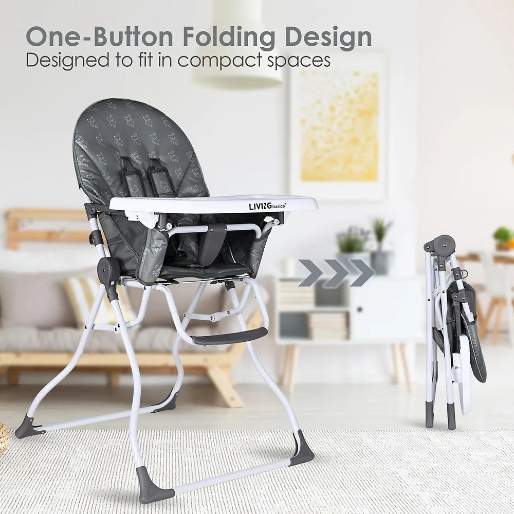 Portable Folding High Chair with Adjustable Tray for Babies and Toddlers,  Grey - LIVINGbasics®