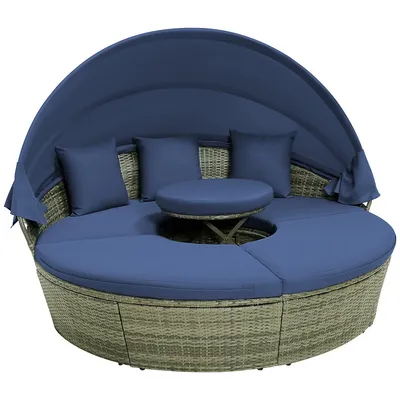 Patio Rattan Daybed Outdoor Sectional Seating With Side Table & Retractable Canopy