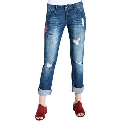 Women's Embroidered Distressed Boyfriend Premium Jeans