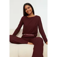 Women Plain Striped Detailed Medium Knitted T-shirt-trousers Pajama Set