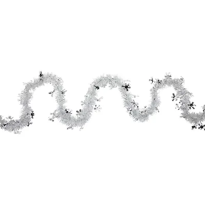 50' X 2" White And Silver Christmas Tinsel Garland With Snowflakes - Unlit