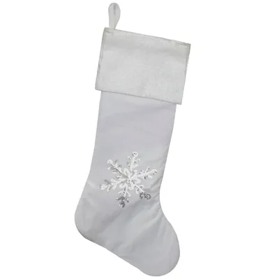 20" White Christmas Stocking With Silver Sequin Snowflake