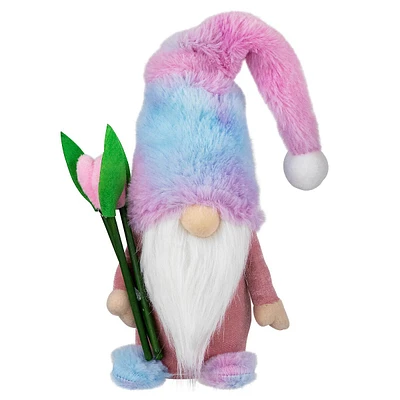 Gnome Boy With Tulips Spring Figurine - 15" - Purple And Blue