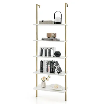 5 Tier Ladder Shelf 71'' Open Wall-mounted Bookcase With Golden Steel Frame
