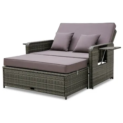 Wicker Loveseat Sofa Set Patio Rattan Daybed With Ottoman & Retractable Side Tray